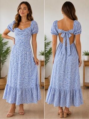 Blu Pepper blue floral puff sleeve tie back maxi dress cottagecore women’s L